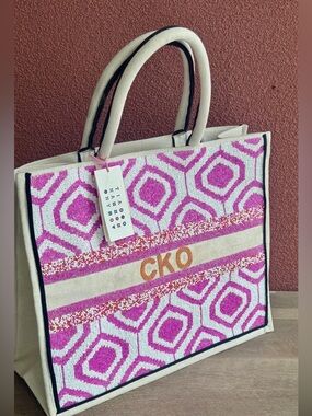 NWT - Tiana NY Beaded Tote “ Geometric Pink” Designer Carry-All Tote